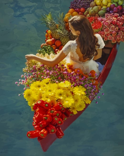 

Woman On A Boat Full Of Flowers And Fruits – Paint By Numbers - 40*50CM, 501 Original