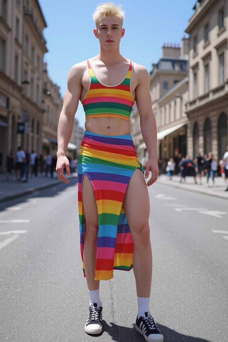 Men's Rainbow Stripe Tank Top Slit Skirt Pride Two Piece Set [Pre-Order]