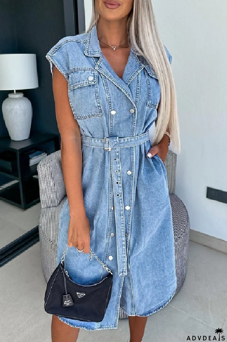 Casual Solid Patchwork With Belt Turndown Collar Sleeveless Regular Denim Dresses