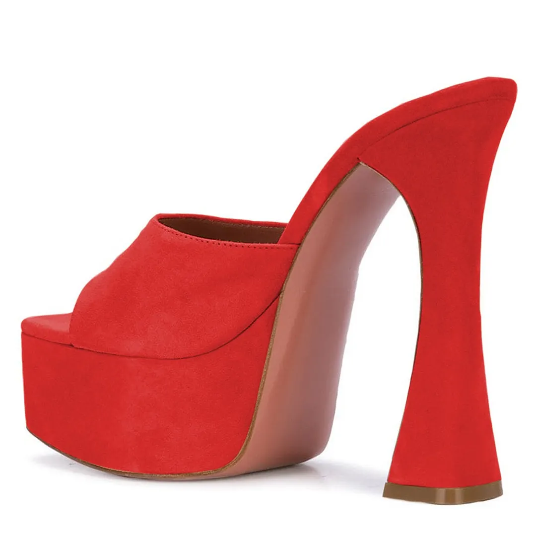 Casual Red Wide Strap Square Toe Platform Flared High Heels Sandals