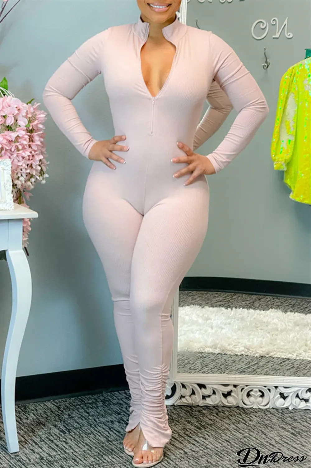 Light Pink Fashion Casual Solid Split Joint Zipper Collar Skinny Jumpsuits