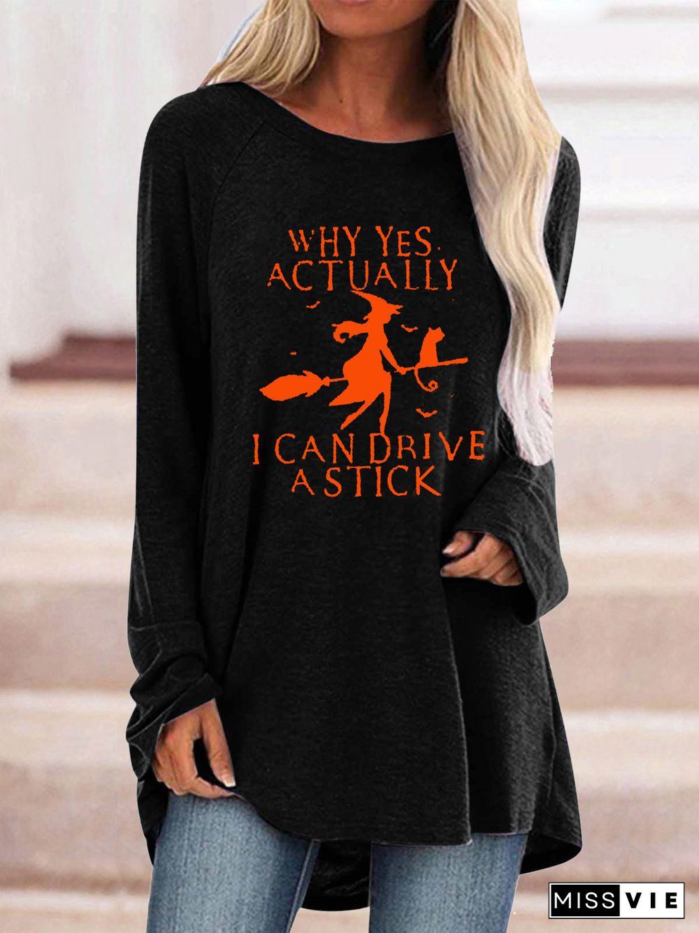 Women Long Sleeve Scoop Neck Solid Letter Graphic Top