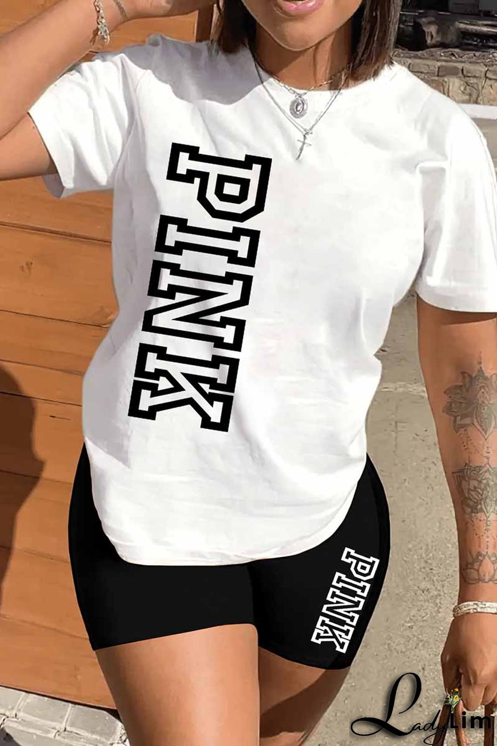 Black Casual Print Letter O Neck Short Sleeve Two Pieces