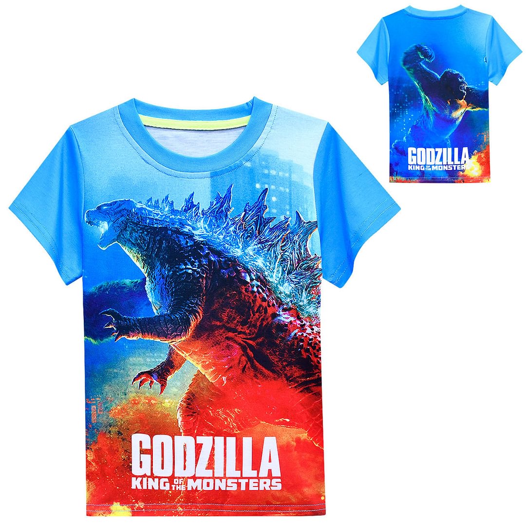 Blue Kids Godzilla Vs Kong Printed Short Sleeve Crew Neck T-Shirt for Boys-Pajamasbuy