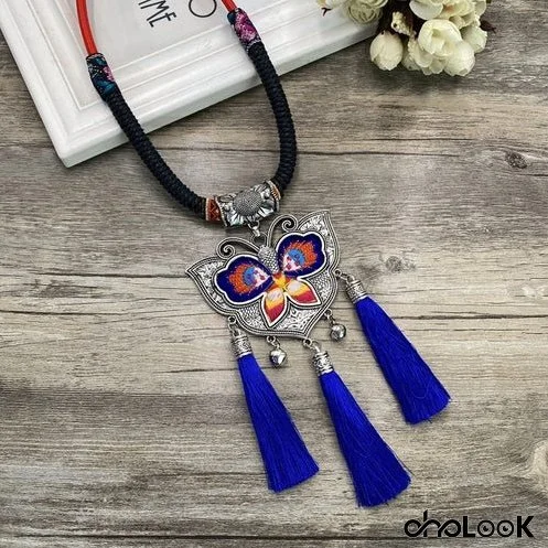 Retro Fashion Ethnic Embroidery Flower Necklace Tassel Pendant Sweater Chain