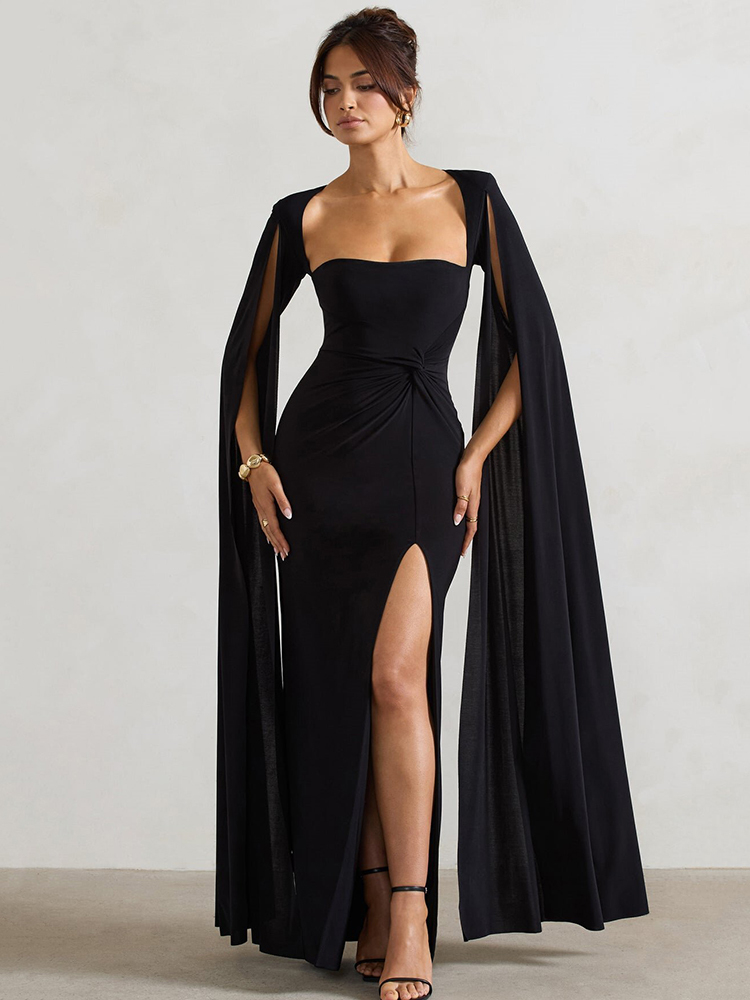 首图1.jpg Elegant Bodycon High Slit Long Sleeved Shawl Women Dress Elasticity Tight Sexy Party Club Evening Dress Female Vestido