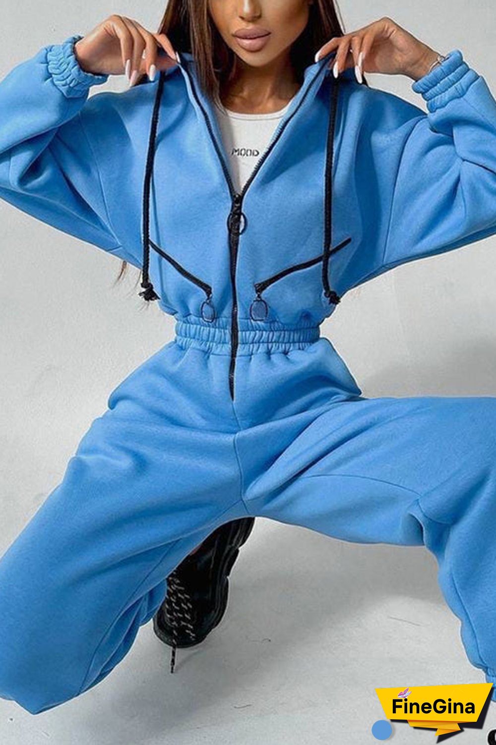 Zip Up Drop Shoulder Hooded Jumpsuit