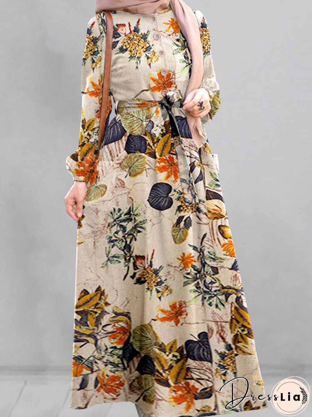 Vintage Flower Puff Sleeves O-neck Maxi Dress With Side Pocket