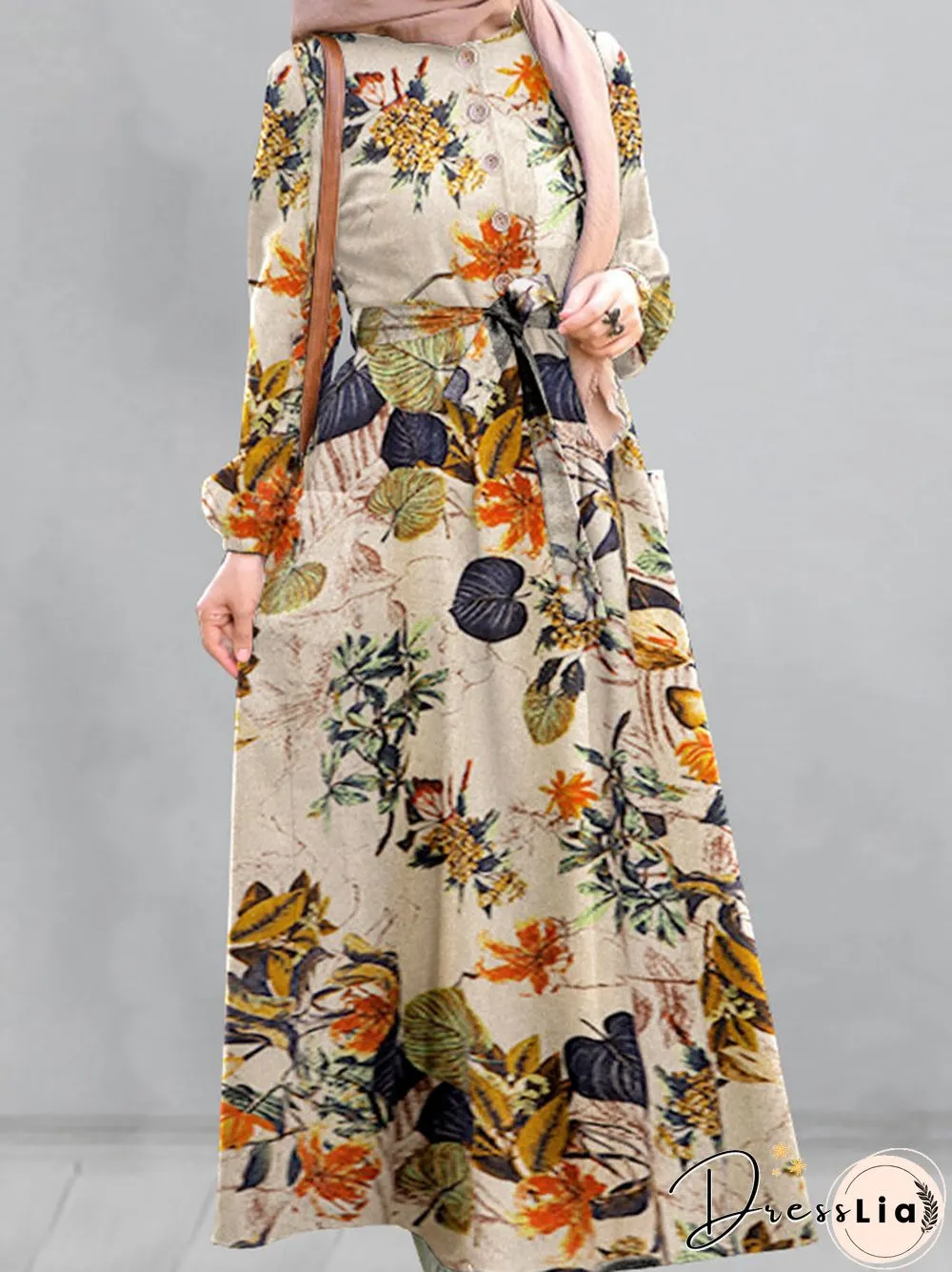 Vintage Flower Puff Sleeves O-neck Maxi Dress With Side Pocket
