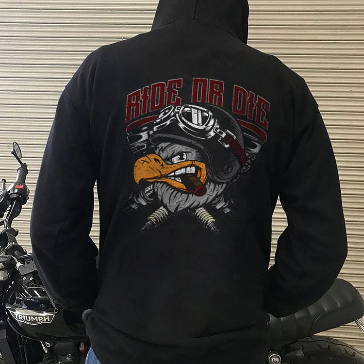 RIDE OR DIE Eagle with Helmet Graphic Black Print Hoodie