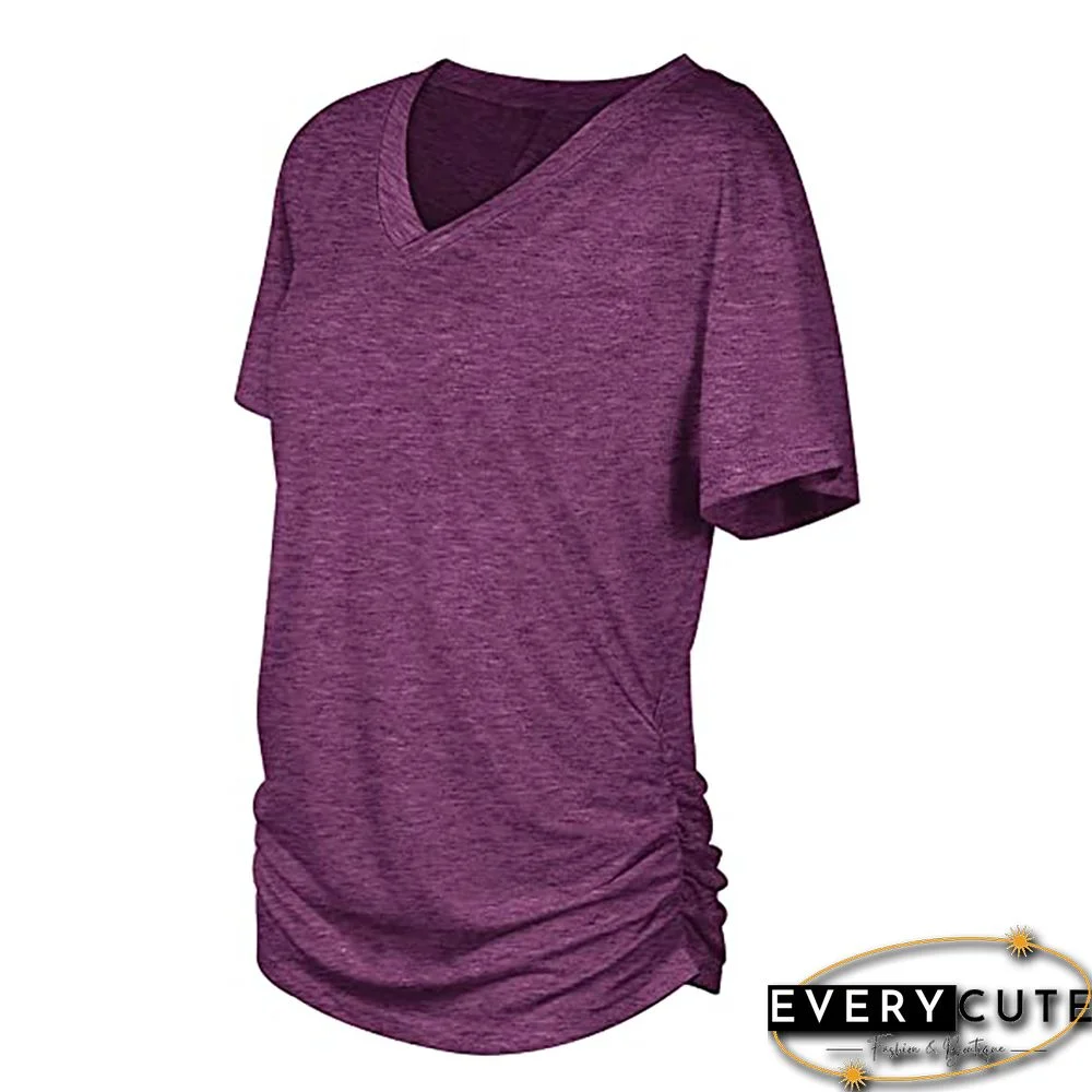 Purple Cotton Blend V Neck Short Sleeve Tees