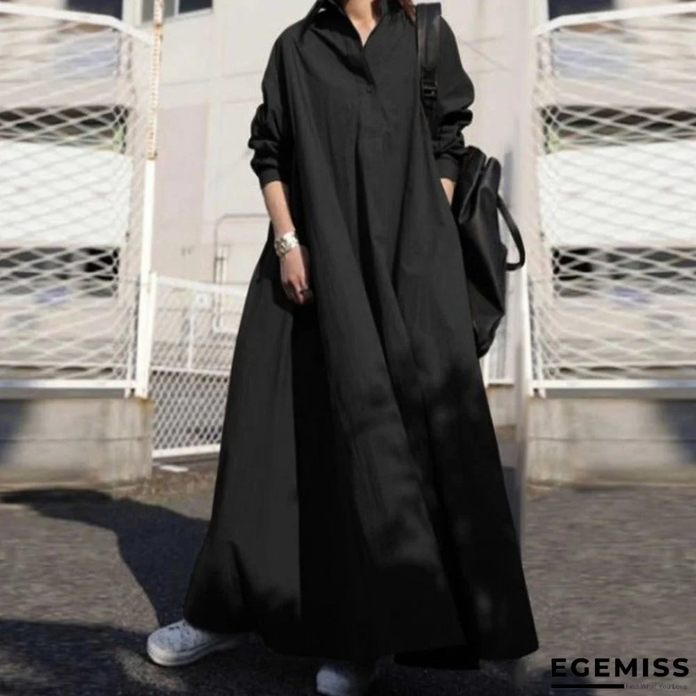 Big Solid Color Cotton and Linen Retro Dress Black Dresses | EGEMISS