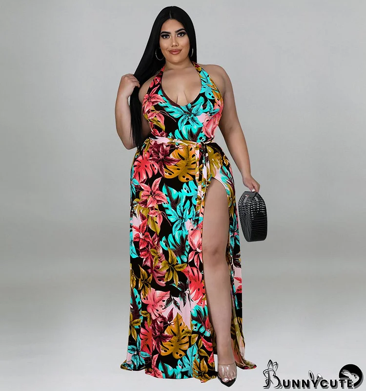 Plus Size Women Summer Print Straps Jumpsuit