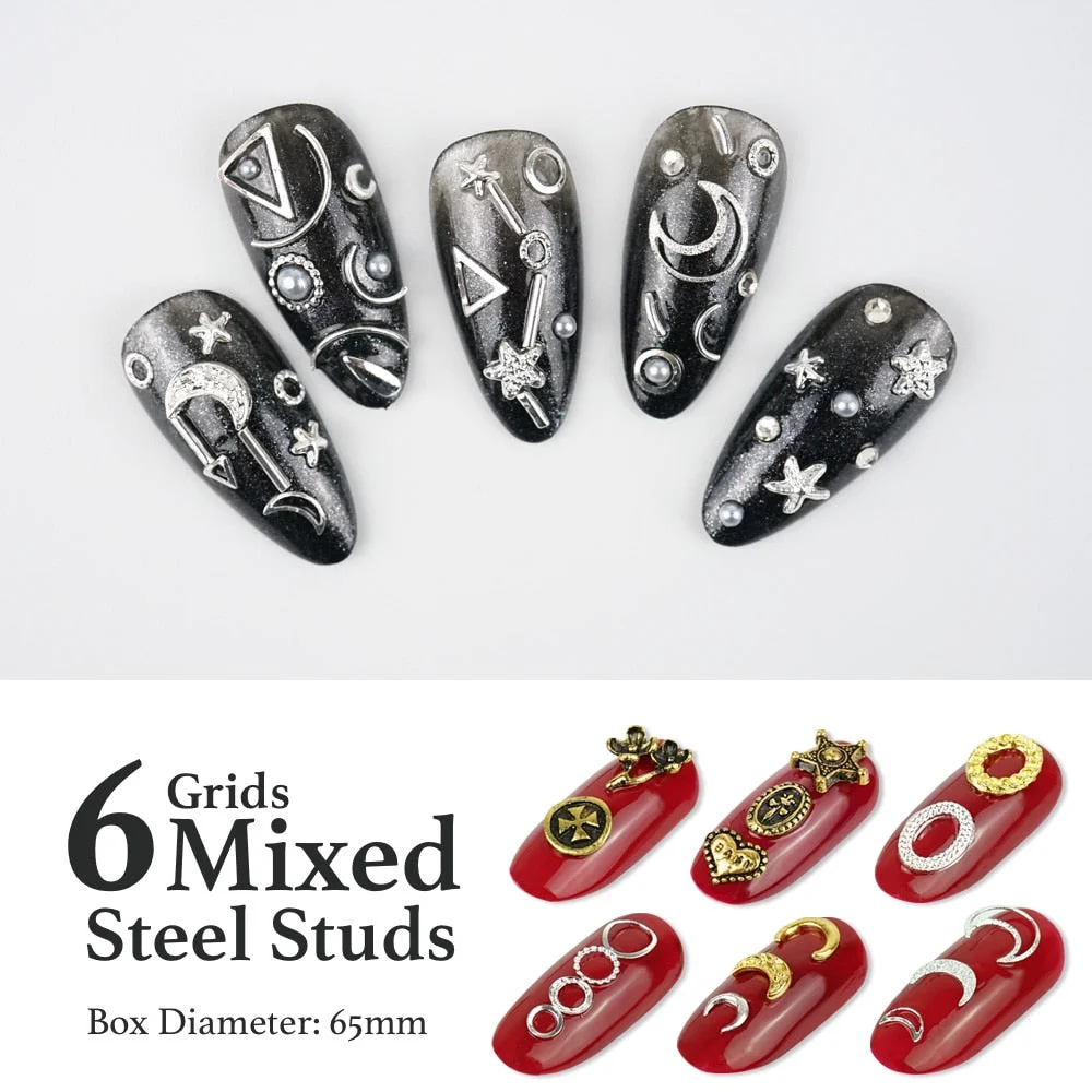 [Beautizon] 6 Grids Mixed Steel Studs Stars moons triangles Charms Nails DIY Accessories Nail Decoration Nail Art Rhinestones