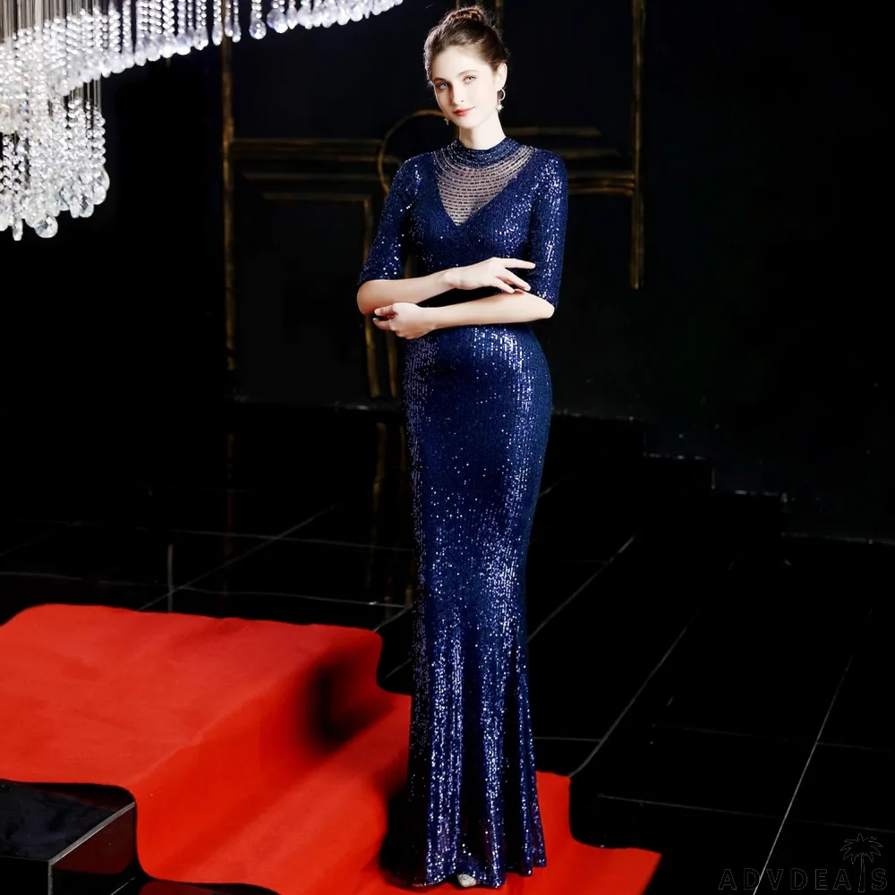 Sequins Half Sleeves Round Neck Evening Dress