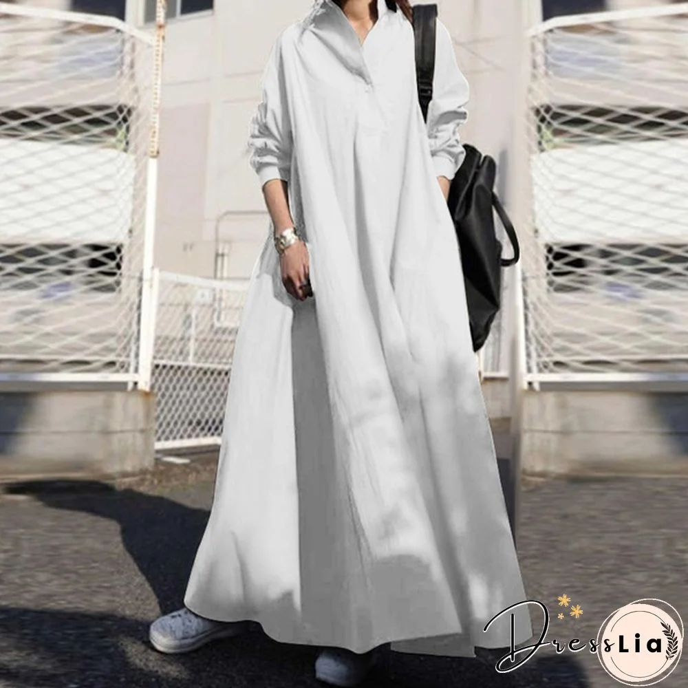 Women Turn-down Collar Long Sleeve Shirt Dress Loose Plain Maxi Blouse Dresses
