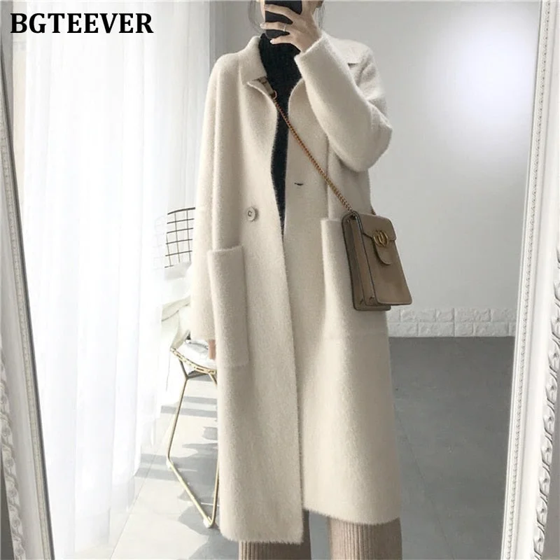 BGTEEVER Thick Turn-down Collar One Button Women Cardigans Sweater Autumn Winter Pockets Loose Female Knit Cardigans Coat 2020