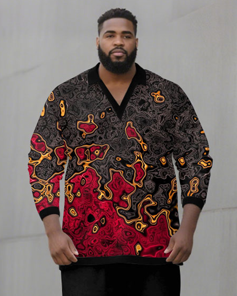 Big & Tall Men's Black And Red Geometric Print POLO V-Neck Long Sleeve Pants Two-Piece Set