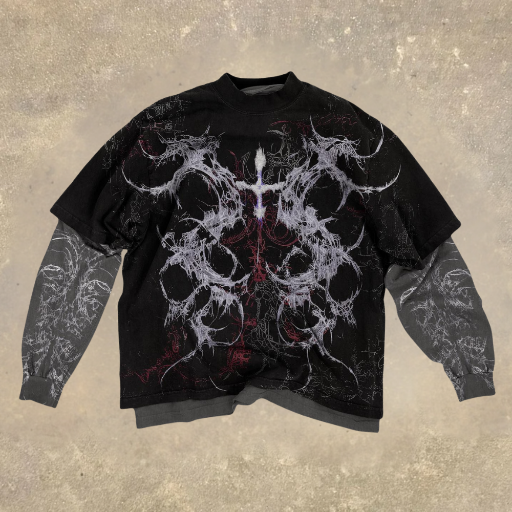 Gothic Tribal Cross Pattern Layered Long Sleeve T-shirt