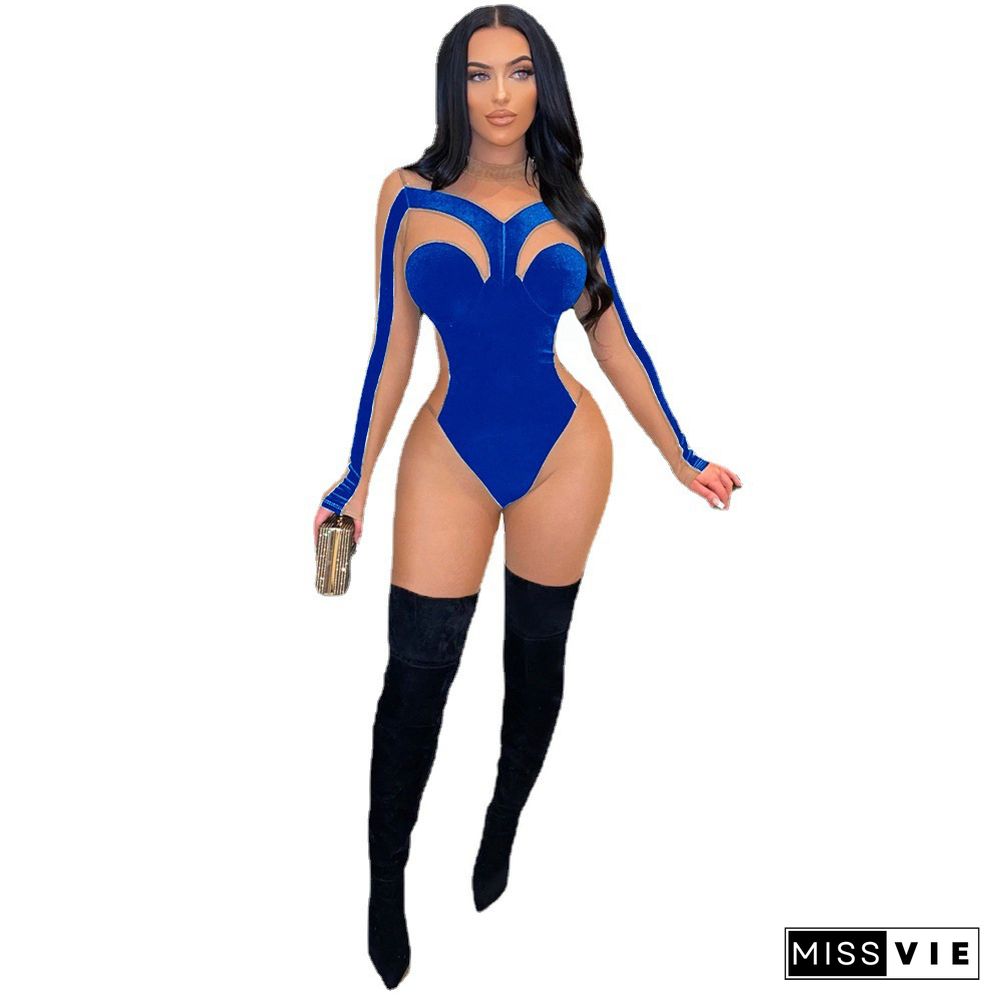 Sheer Mesh Patchwork Velvet Skinny Jumpsuit