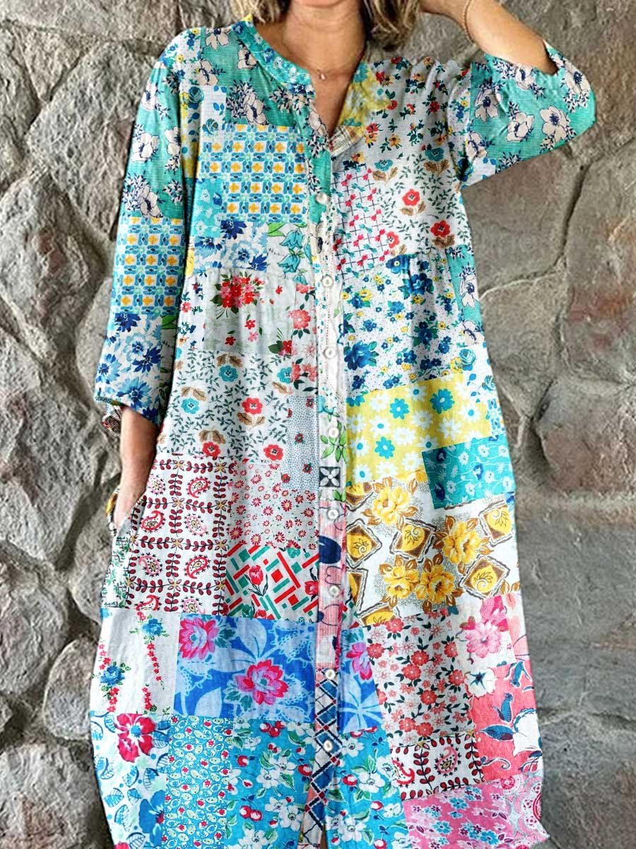 Women's Elegant Floral Print Cotton and Linen Shirt Dress