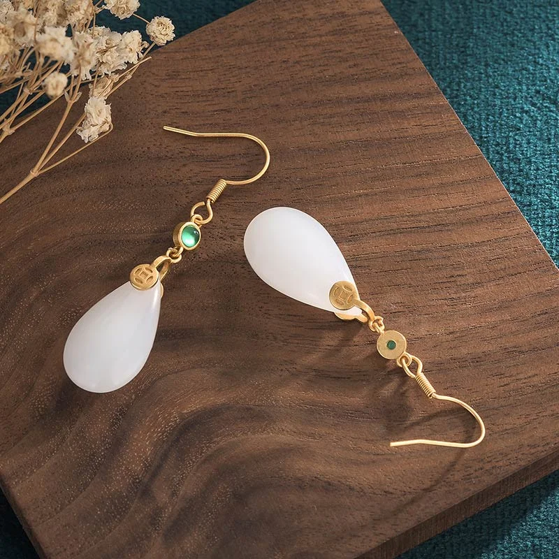 FengShui White Jade Luck Drop Earrings