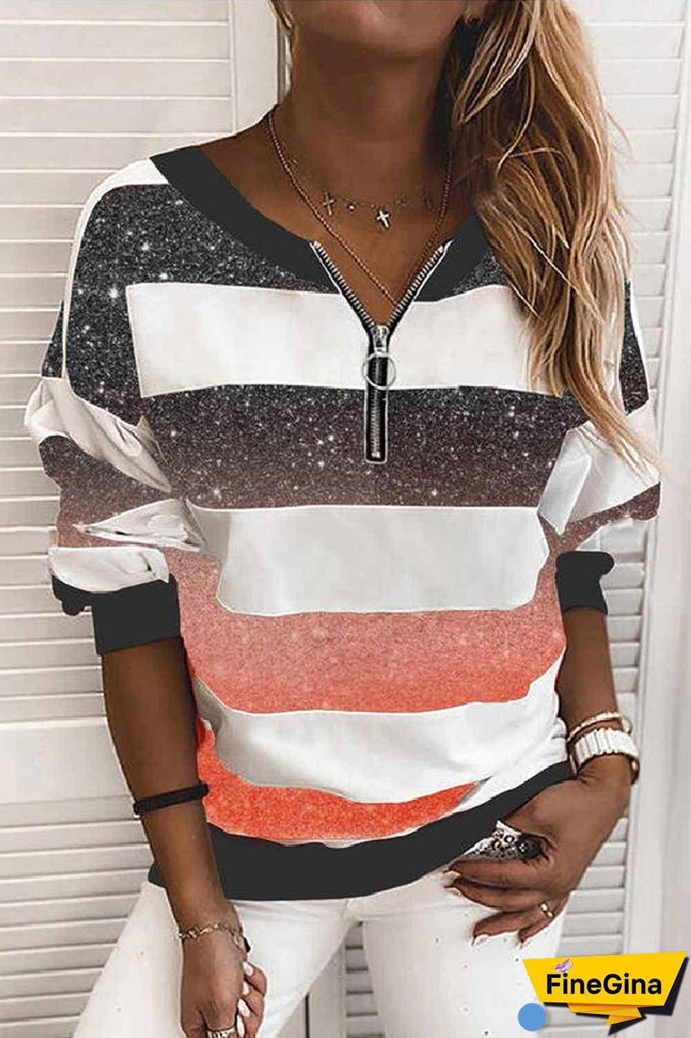 Zipper Gradient Color V-Neck Sweatshirt
