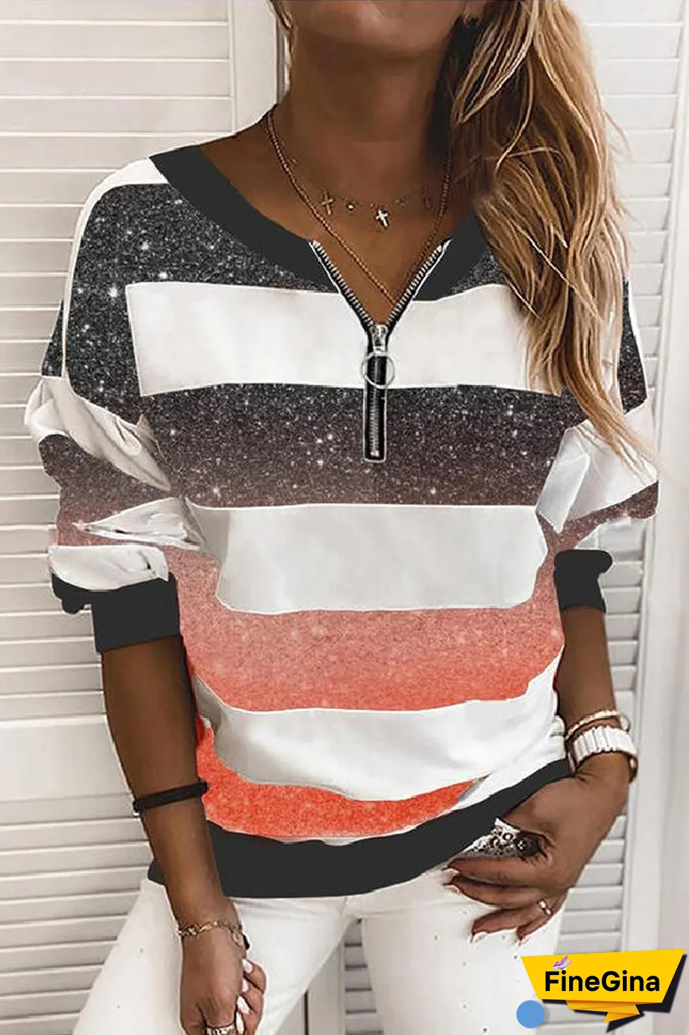 Zipper Gradient Color V-Neck Sweatshirt