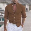 Men's Linen Solid Color Casual Stand Collar Long Sleeve Shirt by Inlyline