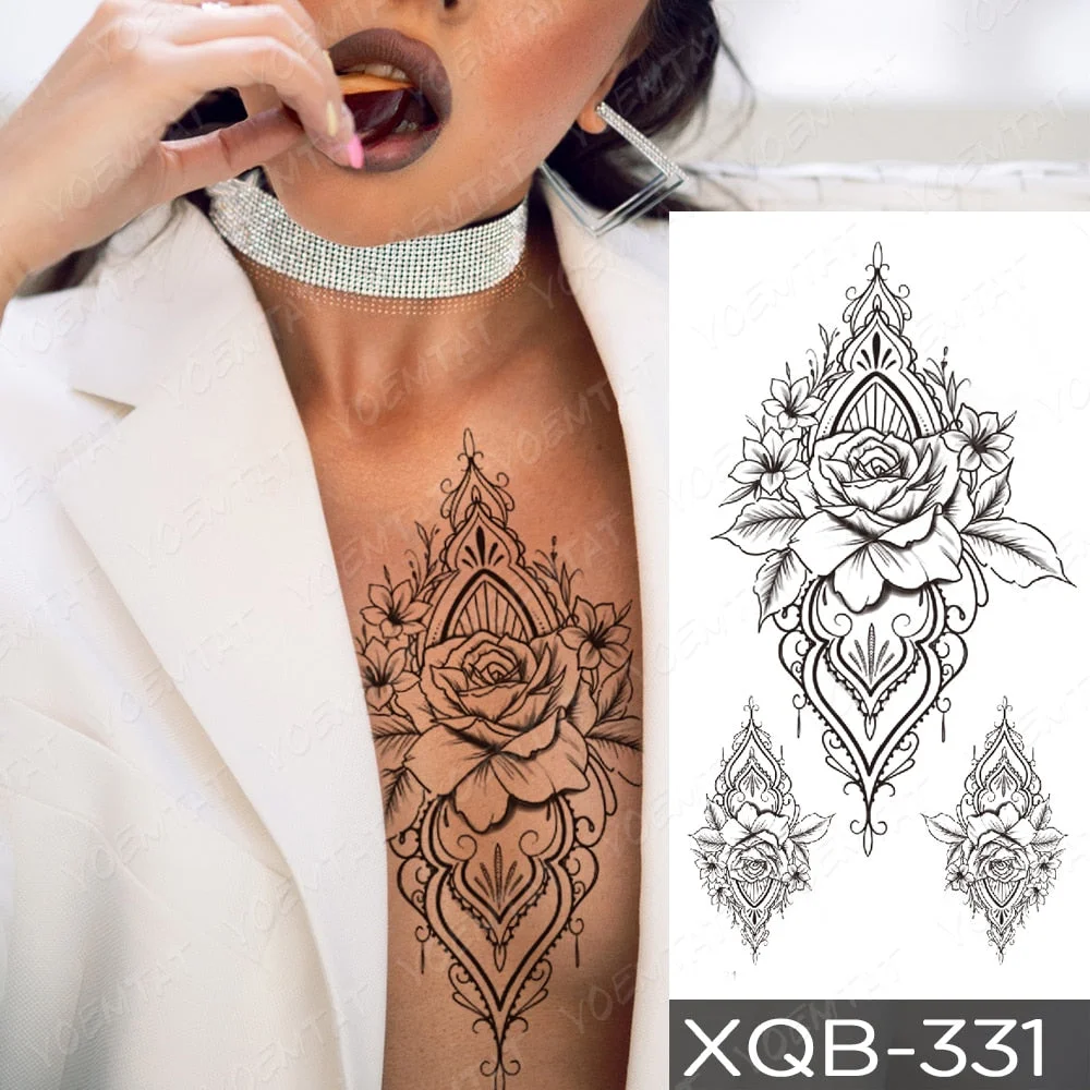 Sexy Black Mandala Flower Temporary Tattoos For Women Girls Henna Tatoos Paper Fake Jewelry String Snake Flower Tattoo For Party