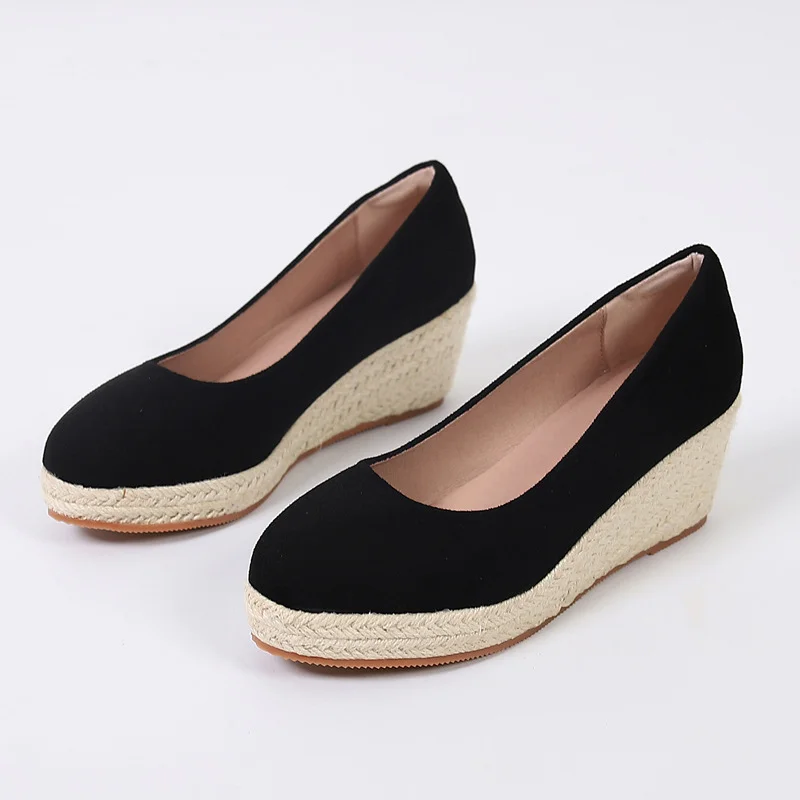 Wongn Wongn And Autumn Slope With Thick Bottom High Heel Round Head Shallow Single Shoes Women Grass Hemp Rope Bottom