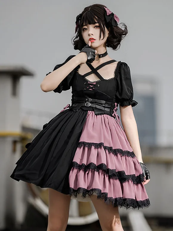 Idolclothes Lolita JSK Dress Two-Tone Pattern Ruffles Pleated Lace Up Gothic Lolita Jumper Skirts Novameme