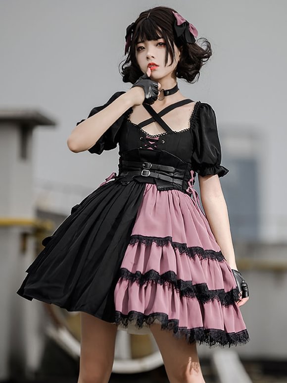 Idolclothes Lolita JSK Dress Two-Tone Pattern Ruffles Pleated Lace Up Gothic Lolita Jumper Skirts Novameme