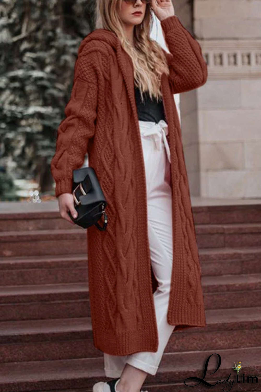Solid Knit Hooded Sweater Cardigan