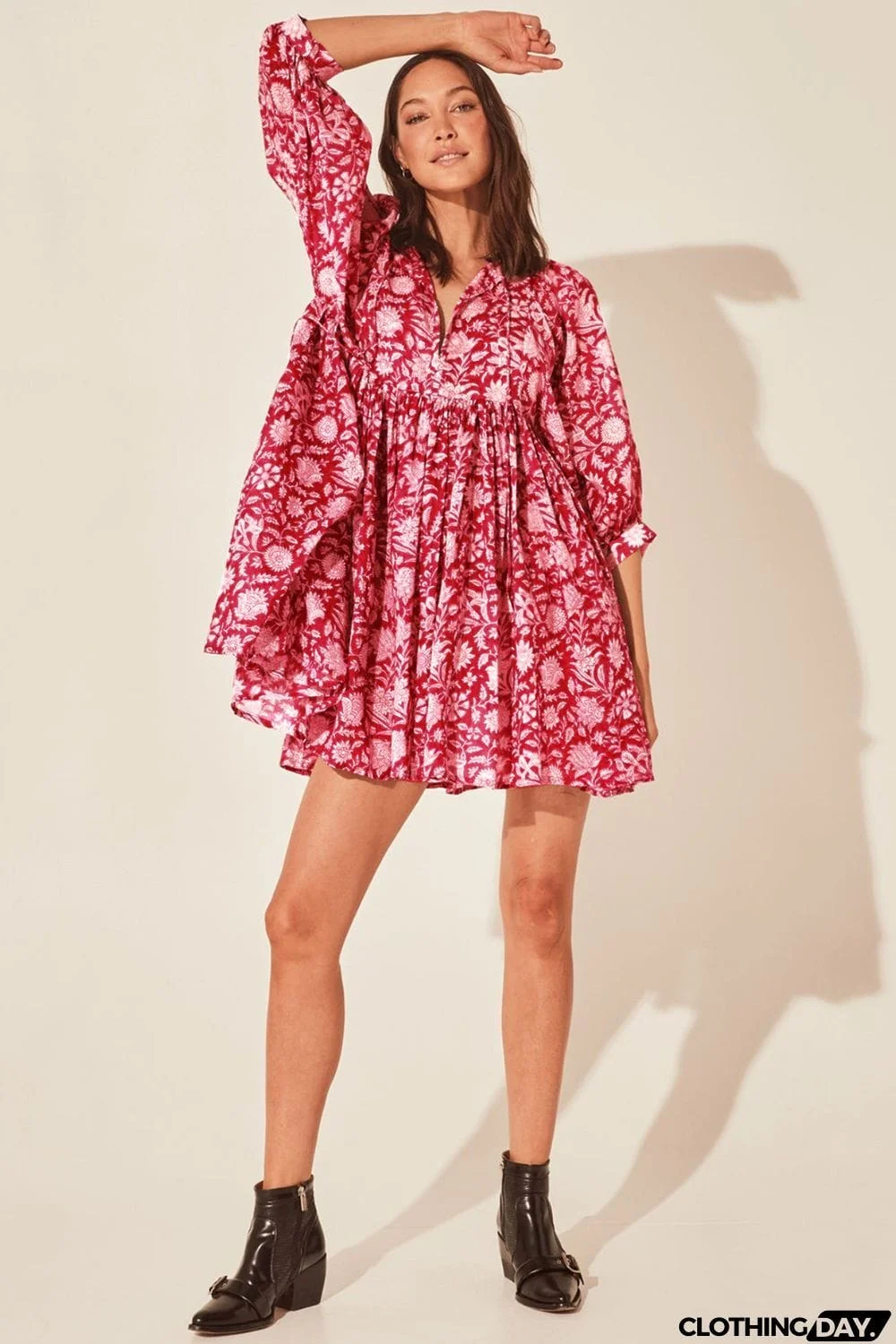 Floral Tie Neck Lantern Sleeve Dress