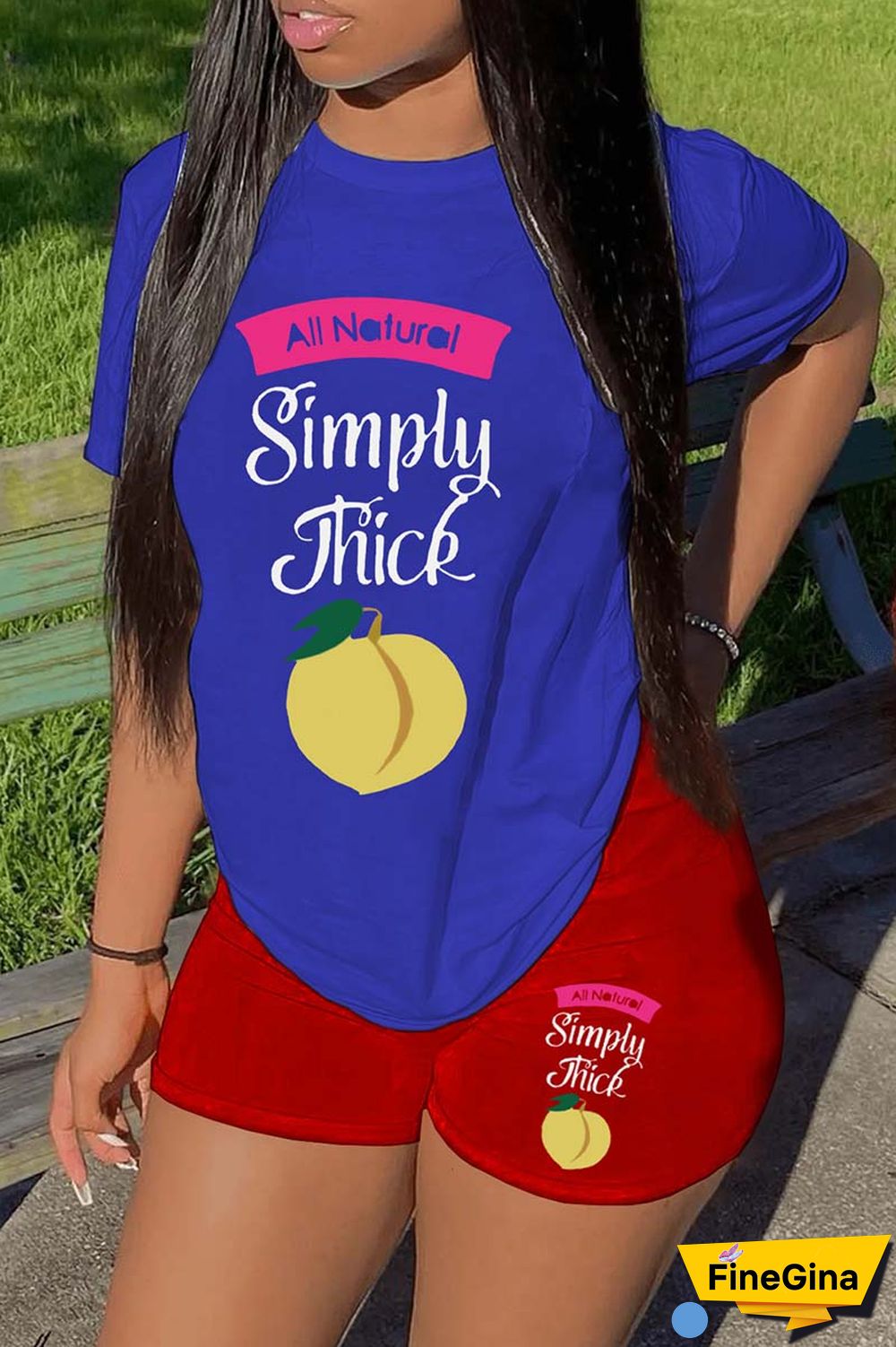 Blue Red Casual Print Basic O Neck Short Sleeve Two Pieces