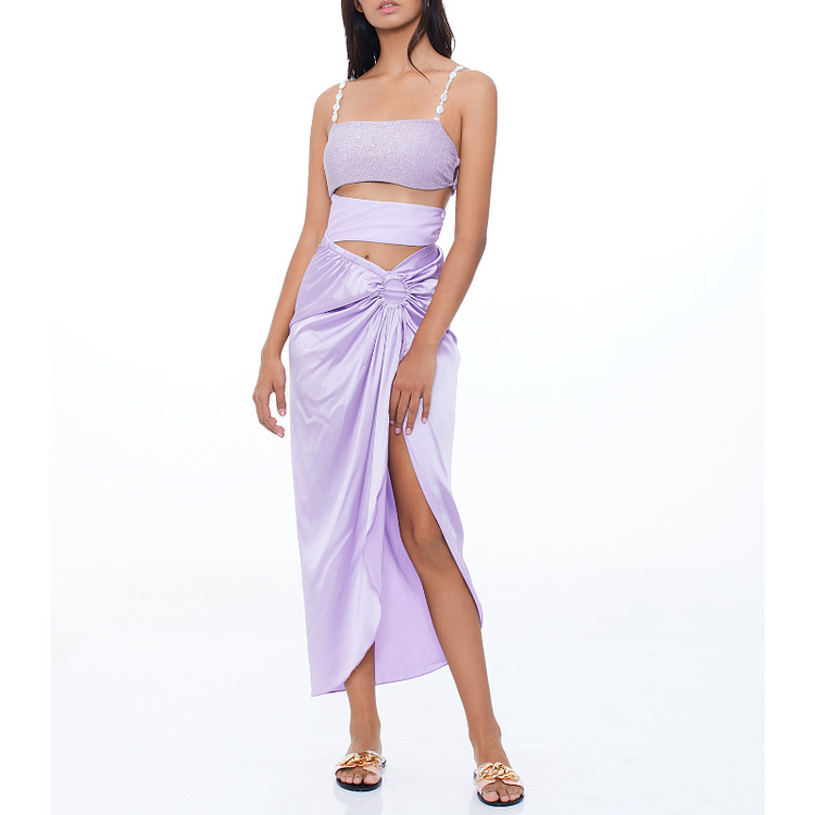 Flaxmaker Pearl Shoulder Strap Cutout Shiny Texture One Piece Swimsuit and Skirt
