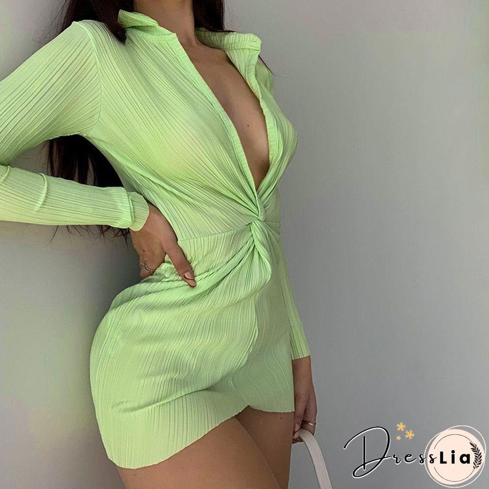 Autumn Fashion Turn-Down Collar Shirt Dress Ruched Sexy V Neck Long Sleeve Button Up Mini Dresses