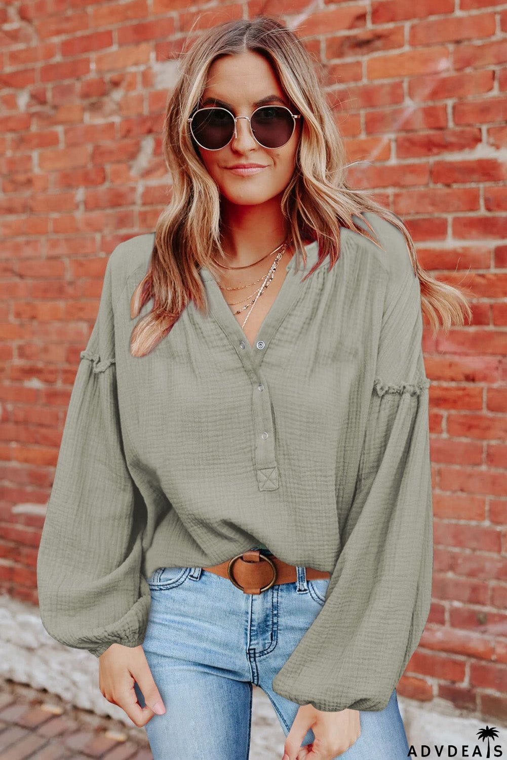 Casual Balloon Sleeve Crinkled Top