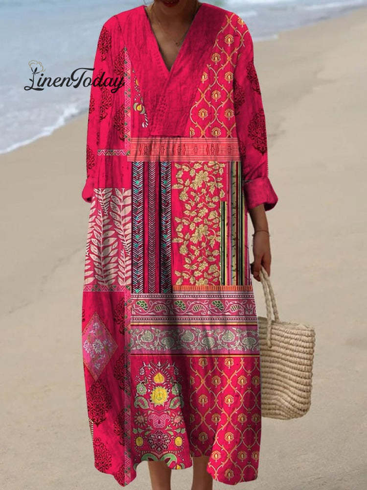Retro Boho Floral Art Printed V-Neck Vintage Chic Loose Long Sleeve Midi Dress Multicolor / S