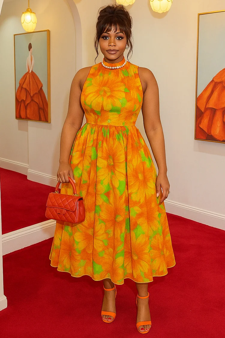 Floral Print Mock Neck Sleeveless Cinched Midi Dresses-Orange [Pre Order]