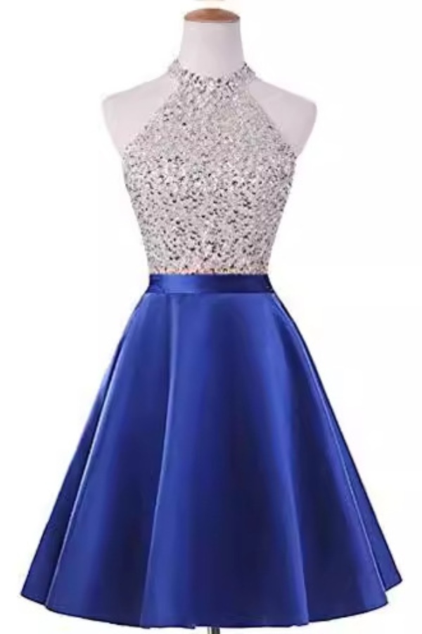 Ovlias Royal Blue Halter Sleeveless Homecoming Dress Pleated with Rhinestone CH0041
