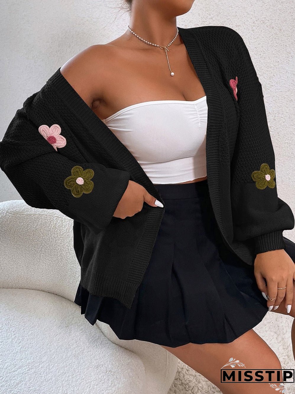 Sweet Black Floral Bubble Sleeve Cardigan with Shoulder Drop
