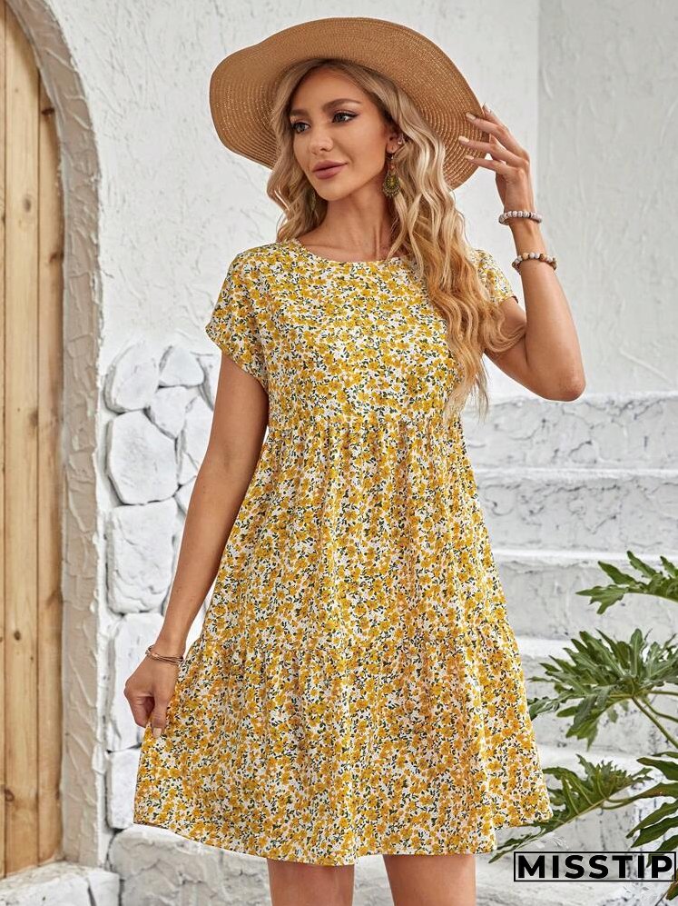 Ditsy Floral Print Batwing Sleeve Smock Dress