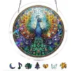 (18.5cm)DIY Acrylic Jigsaw Puzzle Window Hanging with Hanging Chain DIY Stained Glass Decoration Round Window Puzzle Decor for DIY Craft Project (Peacock)