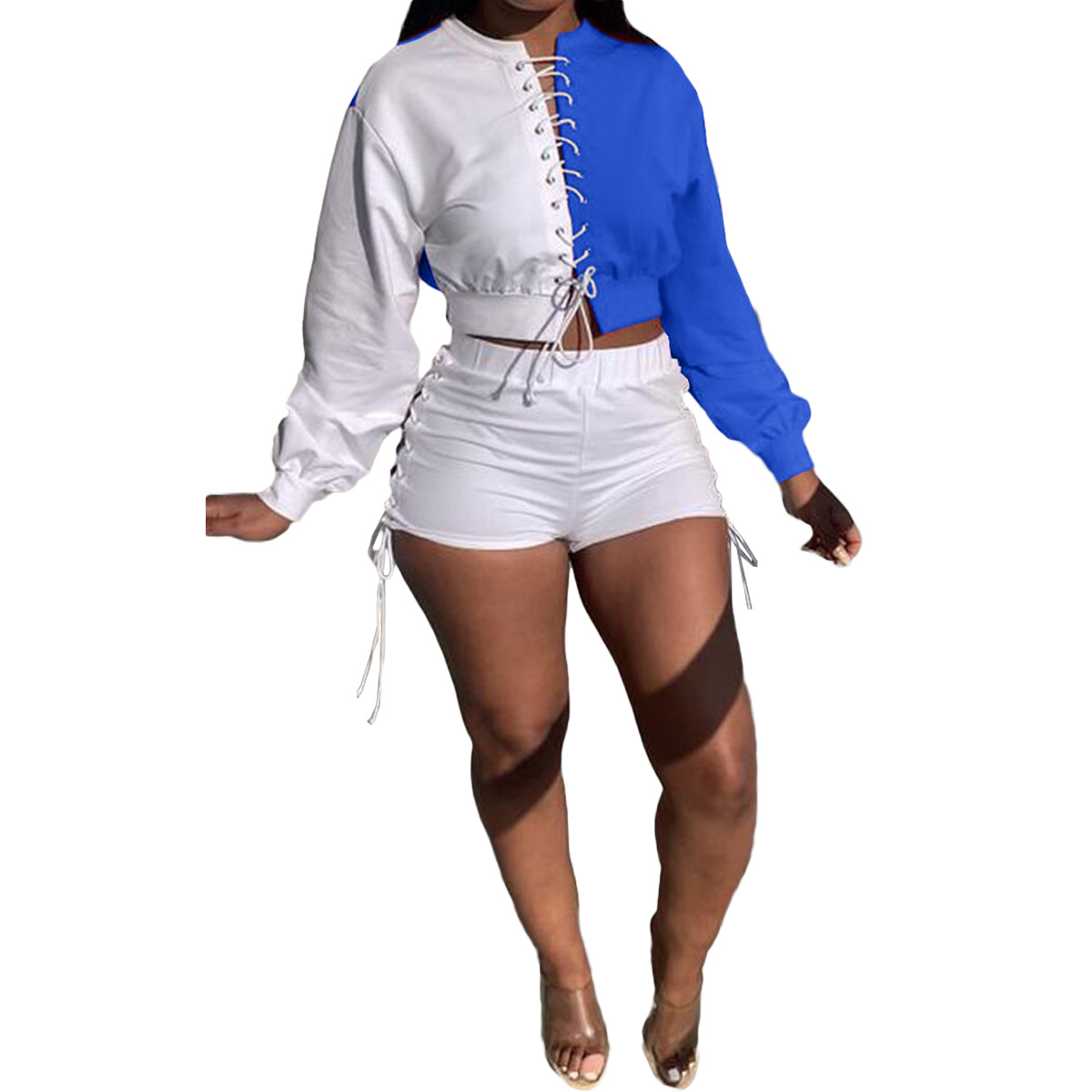 CM.YAYA Women Set Patchwork Full Sleeve O-neck Bandage Crop Tops Stretchy Shorts Two 2 Piece Sets Sporty Tracksuit Outfit Fall