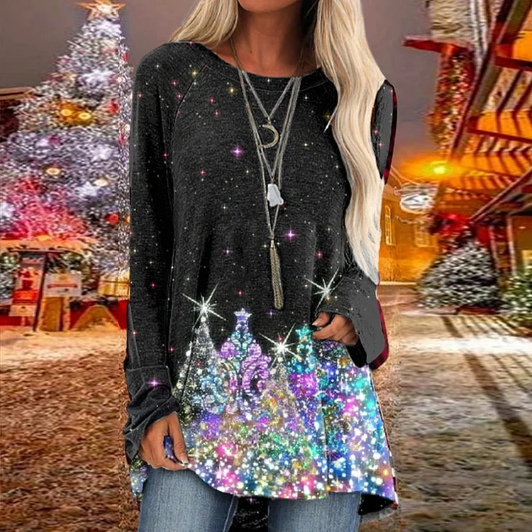 Wearshes Sequined Christmas Tree Print Crew Neck Casual Tunic