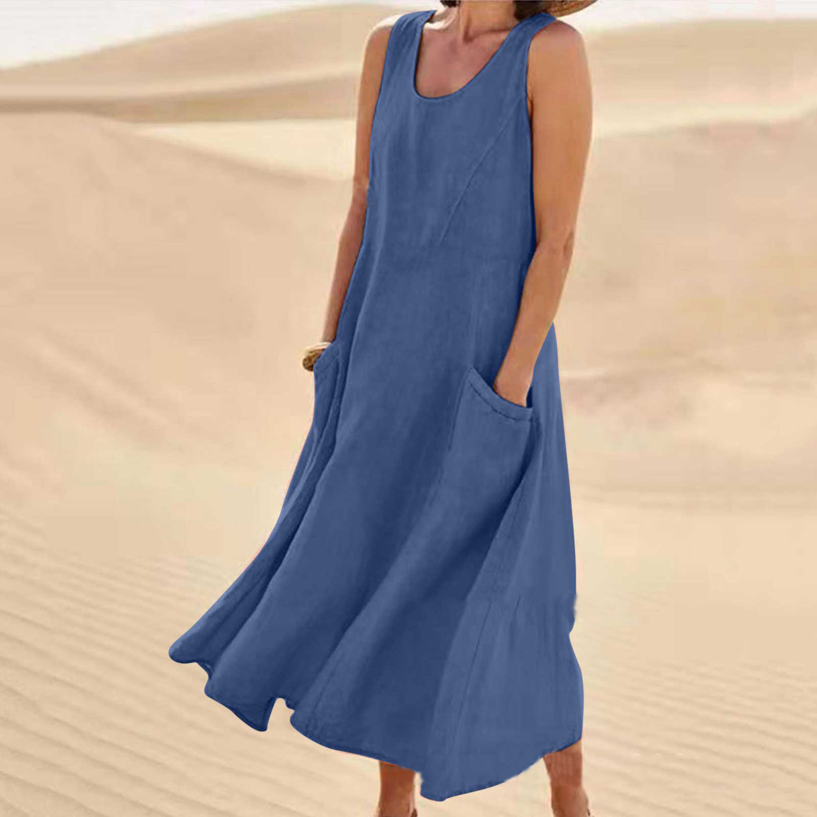 Mature Women Summer Sleeveless Long Dress With Pockets Fashion Casual Loose Dresses