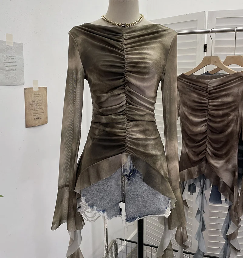 Nigikala Nigikala Shooting Hot Girl Horn Sleeve Net Yarn Bottom Shirt Girl Body Waste Wind Irregular Ribbon Long-Sleeved Top 2708