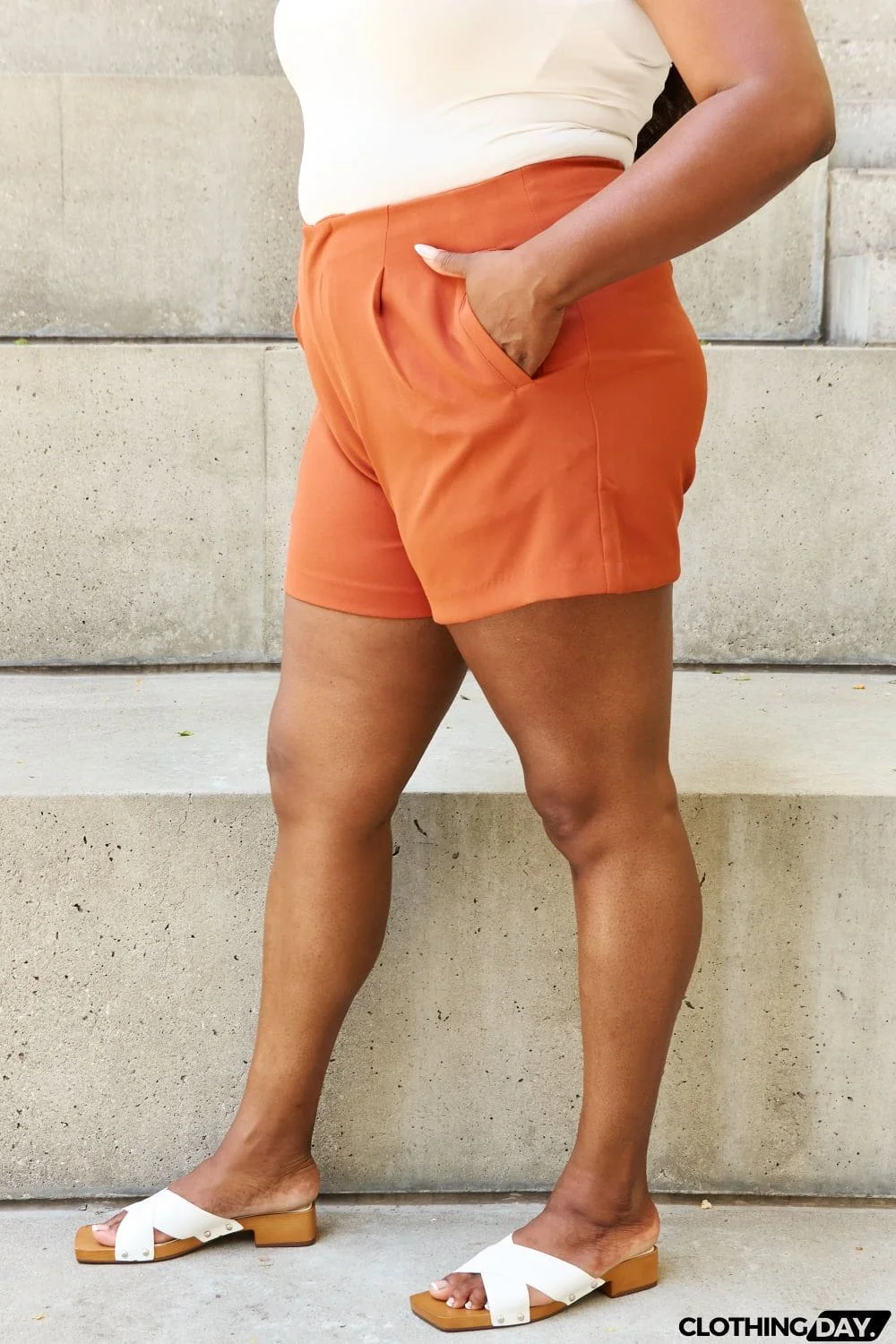 And The Why Every Little Thing Full Size Pleated High Waisted Shorts in Ochre